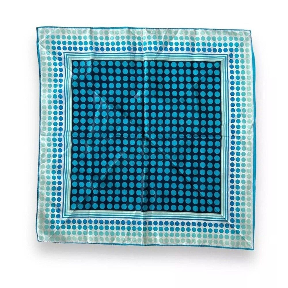 Blue Polka Dots Vtg Green Scarf 21” X 21” Women Square Unisex Japan Scarve